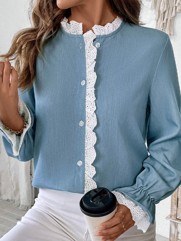 Blouses - Vintage Lace-Trimmed Long Sleeve Blouse