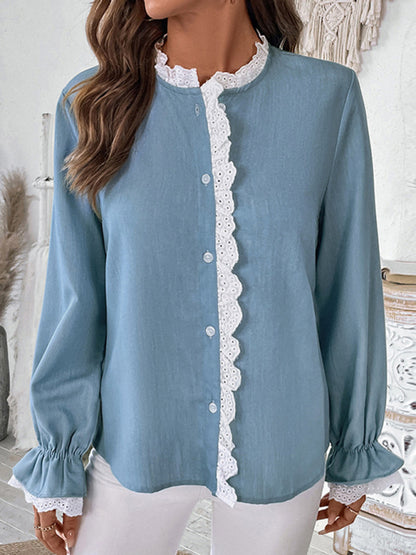 Blouses - Vintage Lace-Trimmed Long Sleeve Blouse