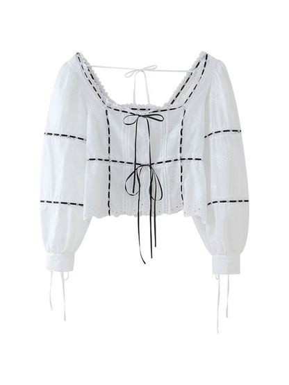 Blouses- Vintage Square Neck Blouse with Embroidered Balloon Sleeves- - Chuzko Women Clothing