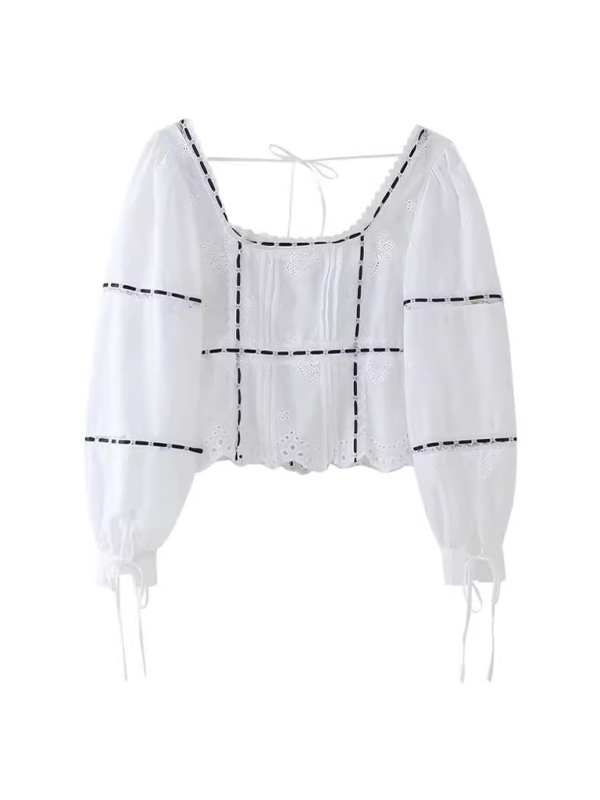 Blouses- Vintage Square Neck Blouse with Embroidered Balloon Sleeves- - Chuzko Women Clothing