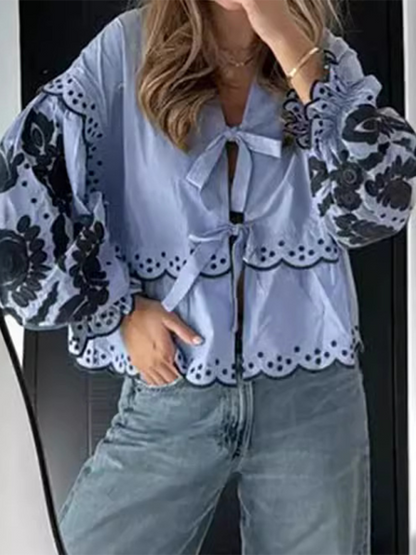 Blouses- Vintage Women's Long Sleeves Lace-Up Blouse with Contrast Embroidery- - Chuzko Women Clothing