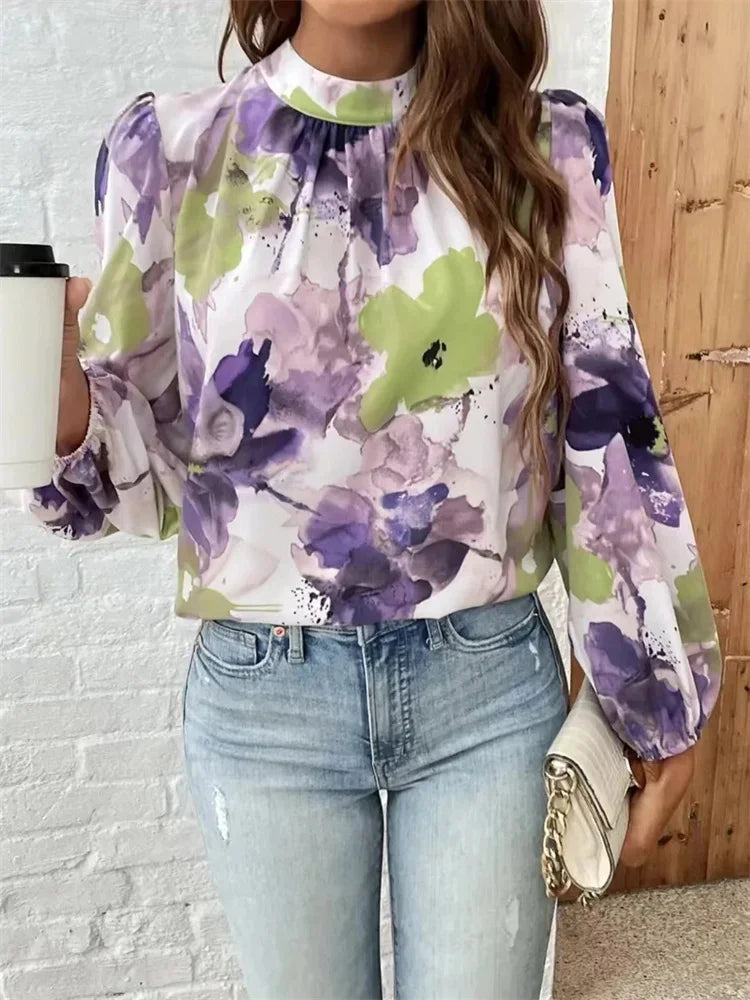 Blouses - Watercolor Floral Blouse with Long Sleeves