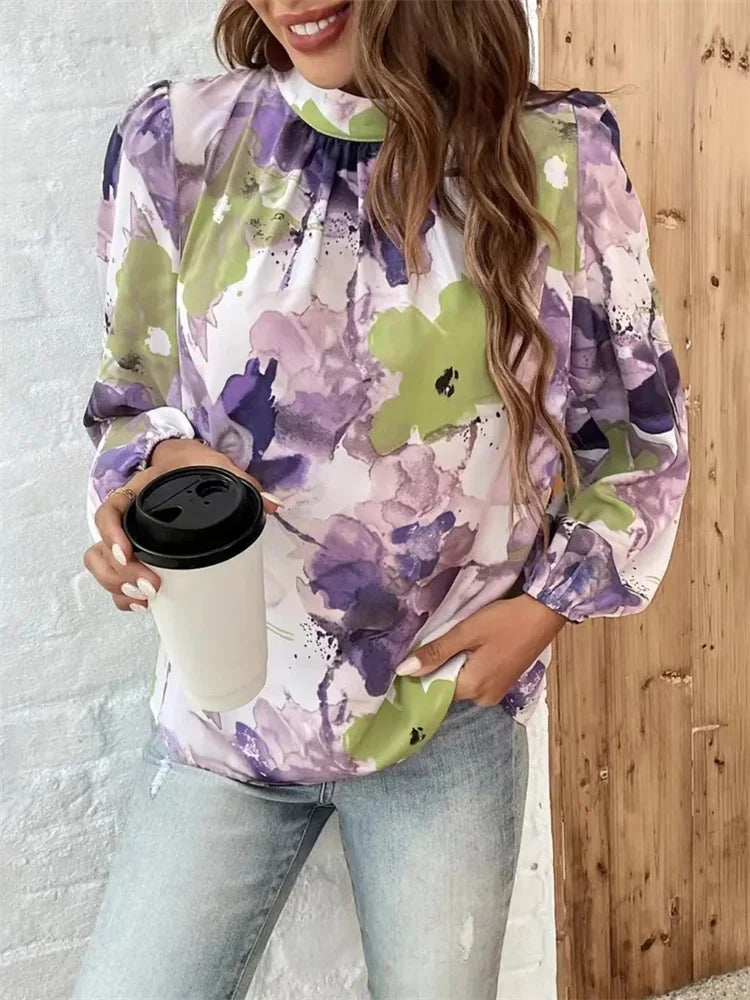 Blouses - Watercolor Floral Blouse with Long Sleeves