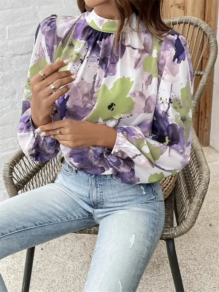 Blouses - Watercolor Floral Blouse with Long Sleeves