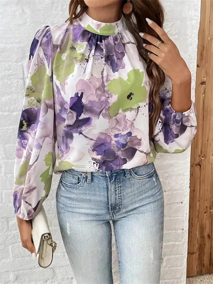 Blouses - Watercolor Floral Blouse with Long Sleeves