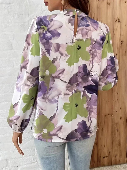 Blouses - Watercolor Floral Blouse with Long Sleeves