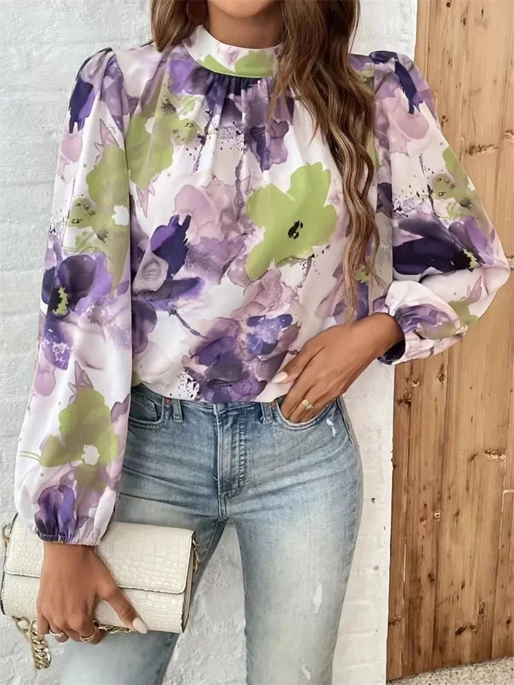 Blouses - Watercolor Floral Blouse with Long Sleeves