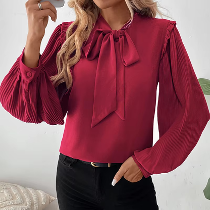 Blouses - Wine Red Bow-Tie Blouse for Office with Long Sleeves