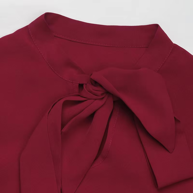 Blouses - Wine Red Bow-Tie Blouse for Office with Long Sleeves