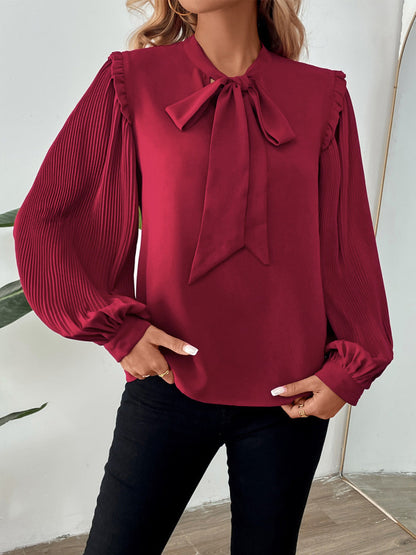 Blouses - Wine Red Bow-Tie Blouse for Office with Long Sleeves