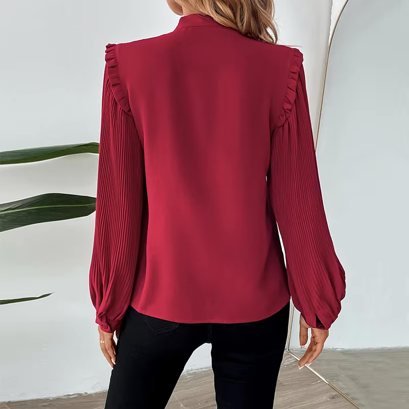 Blouses - Wine Red Bow-Tie Blouse for Office with Long Sleeves