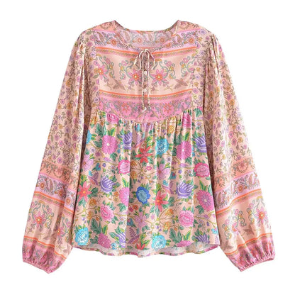 Blouses- Women Boho Fall Floral Blouse with Long Sleeves- - Chuzko Women Clothing