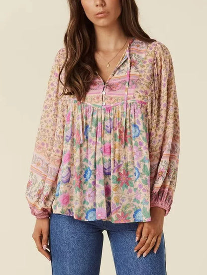 Blouses- Women Boho Fall Floral Blouse with Long Sleeves- - Chuzko Women Clothing