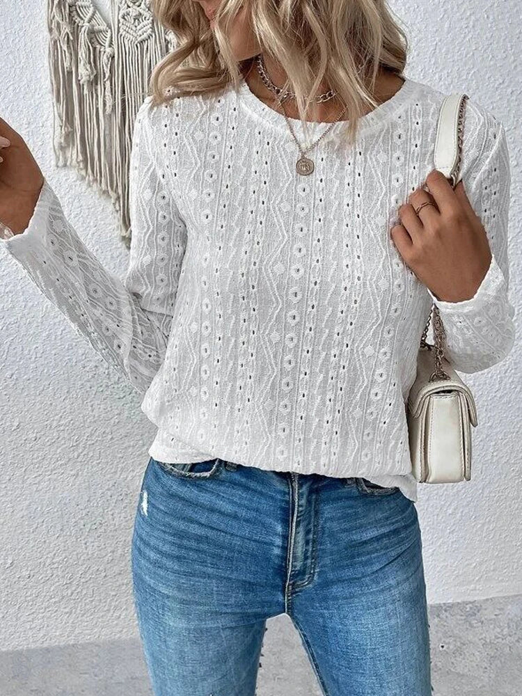 Blouses- Women Eyelet Detail Blouse with Long Sleeves- - Pekosa Women Fashion