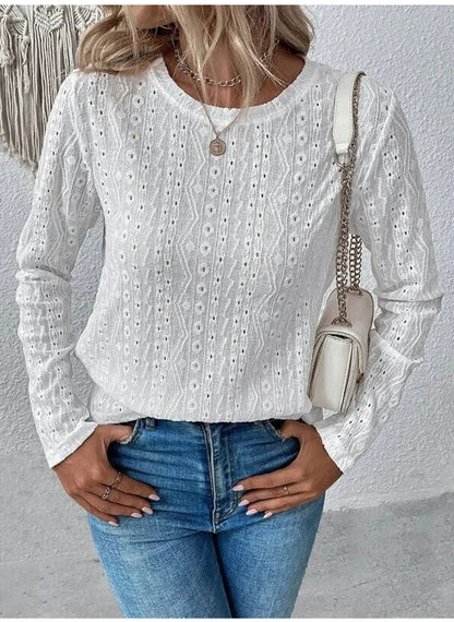 Blouses- Women Eyelet Detail Blouse with Long Sleeves- - Pekosa Women Fashion