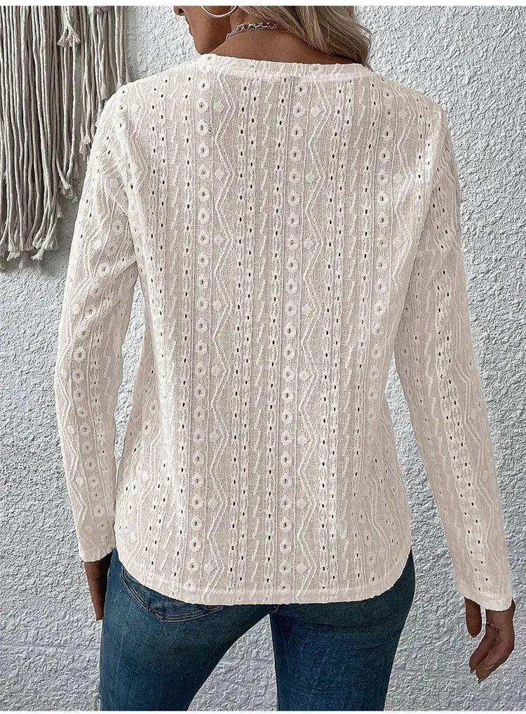 Blouses- Women Eyelet Detail Blouse with Long Sleeves- - Pekosa Women Fashion