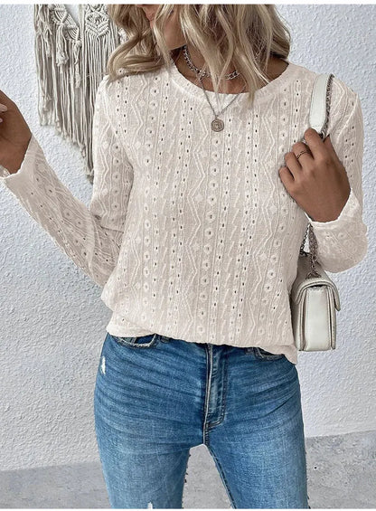 Blouses- Women Eyelet Detail Blouse with Long Sleeves- - Pekosa Women Fashion