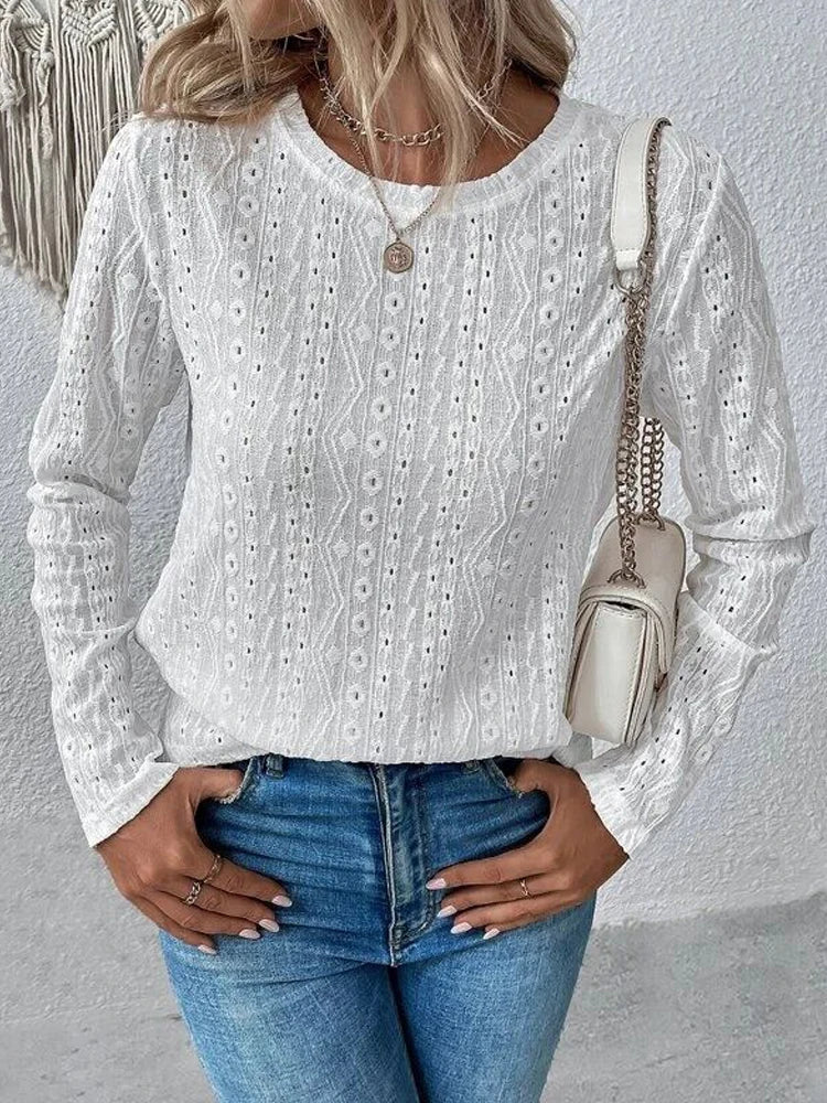 Blouses- Women Eyelet Detail Blouse with Long Sleeves- White- Pekosa Women Fashion