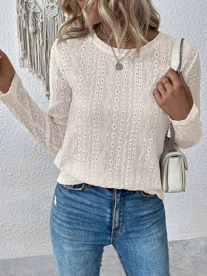 Blouses- Women Eyelet Detail Blouse with Long Sleeves- - Pekosa Women Fashion