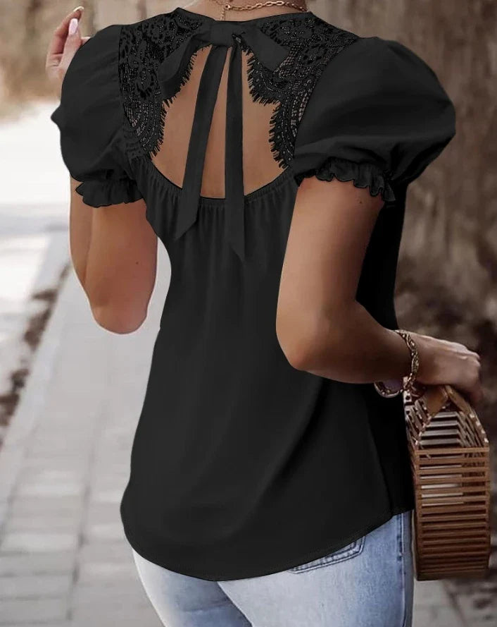 Blouses- Women Lace-Back Puff Sleeve Top Blouse for Day Events- - Chuzko Women Clothing