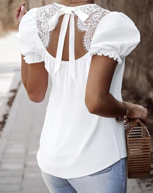 Blouses- Women Lace-Back Puff Sleeve Top Blouse for Day Events- A- Chuzko Women Clothing