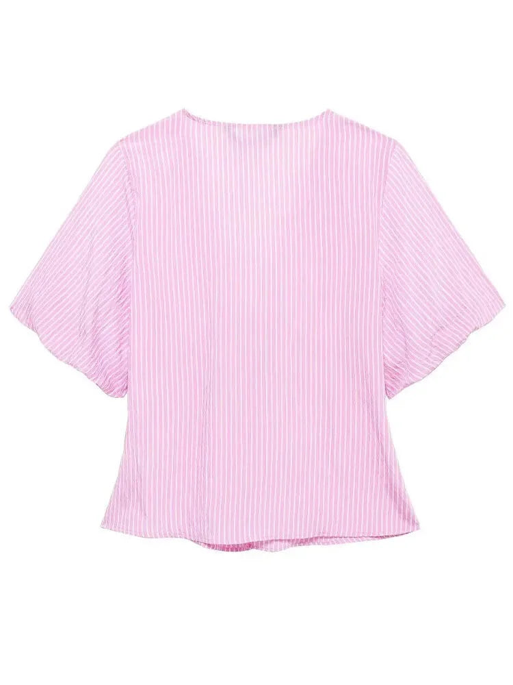 Blouses- Women Pink Peplum Striped Blouse for Spring- - Pekosa Women Fashion