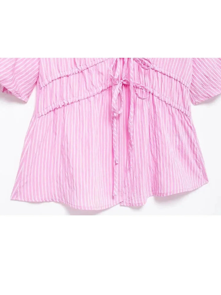 Blouses- Women Pink Peplum Striped Blouse for Spring- - Pekosa Women Fashion