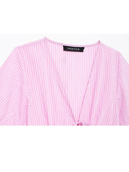 Blouses- Women Pink Peplum Striped Blouse for Spring- - Pekosa Women Fashion