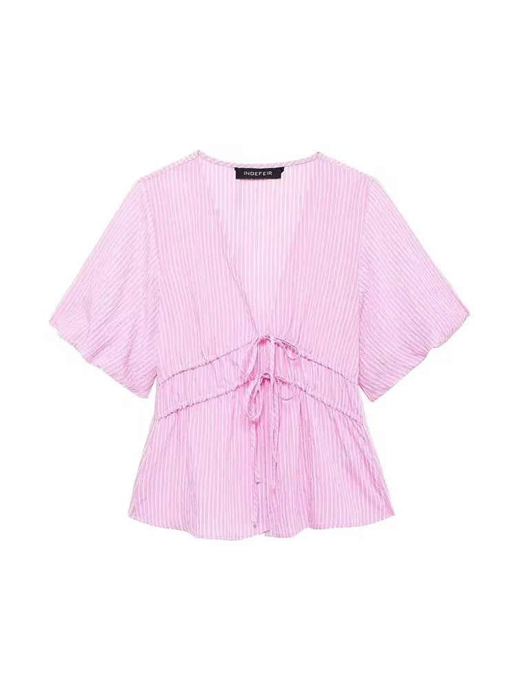 Blouses- Women Pink Peplum Striped Blouse for Spring- Pink- Pekosa Women Fashion