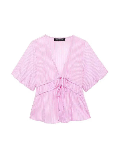 Blouses- Women Pink Peplum Striped Blouse for Spring- Pink- Pekosa Women Fashion