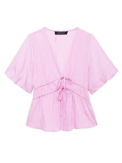 Blouses- Women Pink Peplum Striped Blouse for Spring- - Pekosa Women Fashion