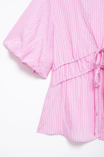 Blouses- Women Pink Peplum Striped Blouse for Spring- - Pekosa Women Fashion