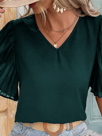 Women Pleated Sleeve V-Neck Blouse