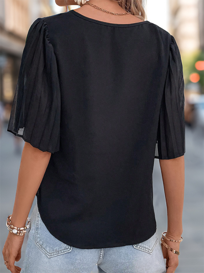 Women Pleated Sleeve V-Neck Blouse