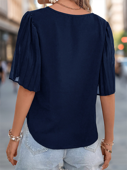 Women Pleated Sleeve V-Neck Blouse