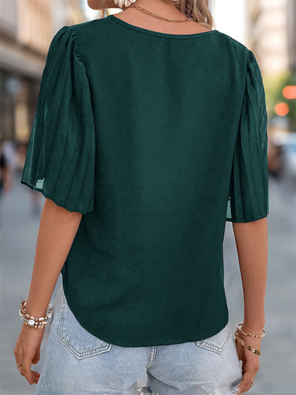 Women Pleated Sleeve V-Neck Blouse