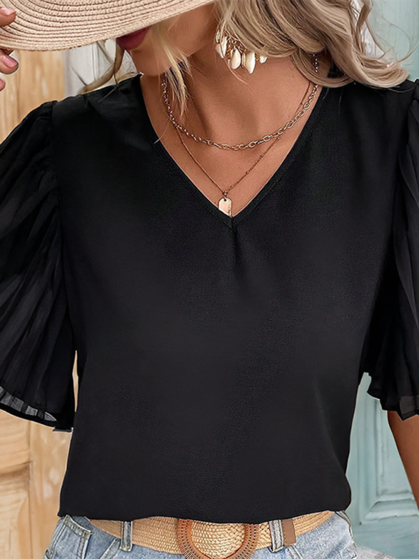 Women Pleated Sleeve V-Neck Blouse