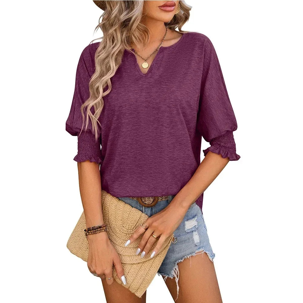 Blouses- Women Ruffled Sleeve V-Neck Top Blouse for Versatile Wear- - Pekosa Women Fashion