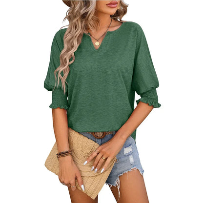 Blouses- Women Ruffled Sleeve V-Neck Top Blouse for Versatile Wear- Green- Pekosa Women Fashion