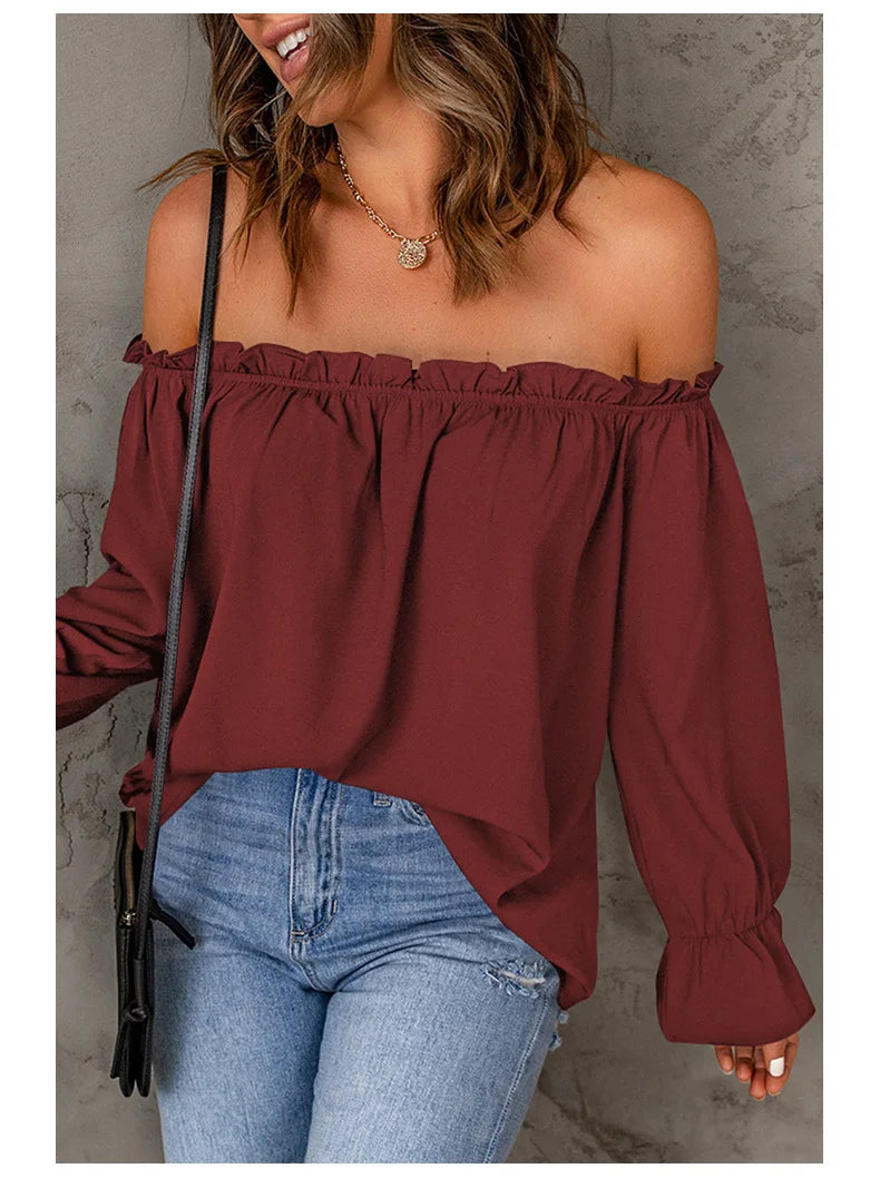 Blouses- Women Solid Off-Shoulder Blouse with Lantern Sleeves- Claret- Pekosa Women Fashion