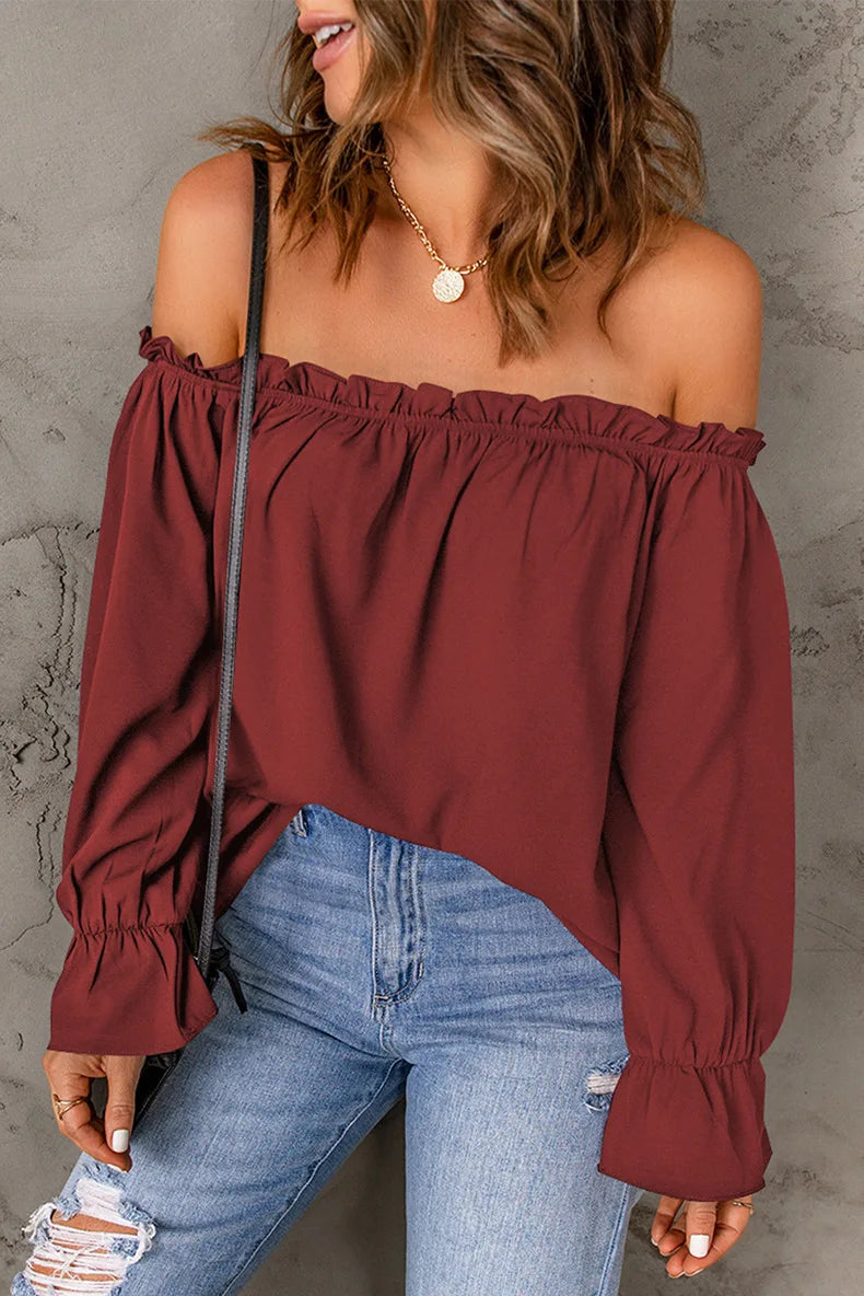 Blouses- Women Solid Off-Shoulder Blouse with Lantern Sleeves- - Pekosa Women Fashion