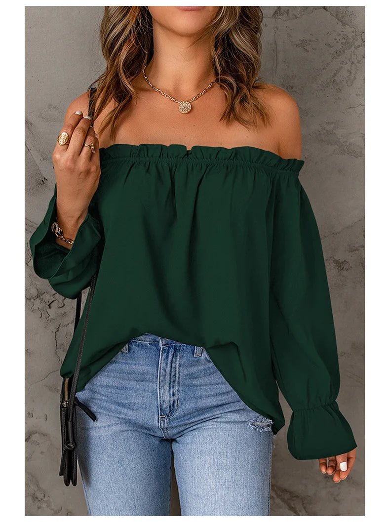 Blouses- Women Solid Off-Shoulder Blouse with Lantern Sleeves- - Pekosa Women Fashion