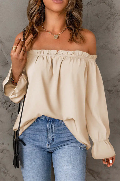 Blouses- Women Solid Off-Shoulder Blouse with Lantern Sleeves- - Pekosa Women Fashion