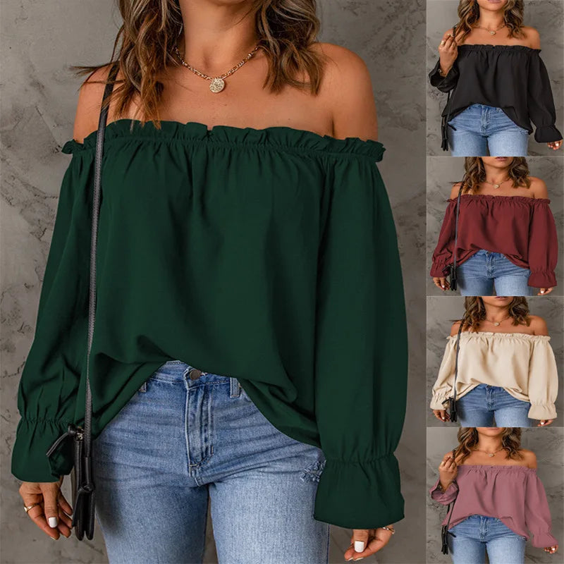 Blouses- Women Solid Off-Shoulder Blouse with Lantern Sleeves- - Pekosa Women Fashion