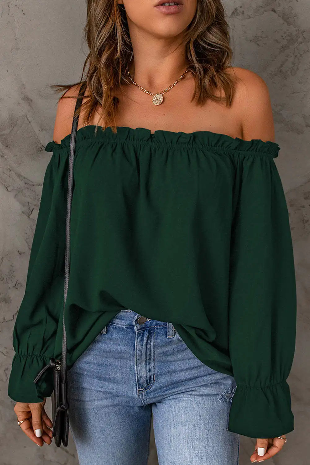 Blouses- Women Solid Off-Shoulder Blouse with Lantern Sleeves- Green- Pekosa Women Fashion