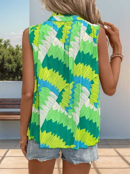 Blouses- Women Stand Collar Sleeveless Blouse with Tropical Print- - Pekosa Women Fashion