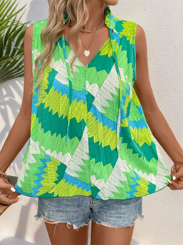 Blouses- Women Stand Collar Sleeveless Blouse with Tropical Print- - Pekosa Women Fashion