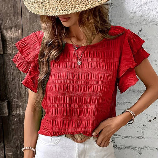 Blouses- Women Textured Stripe Ruffle-Sleeve Blouse for Any Occasion- Red- Pekosa Women Fashion