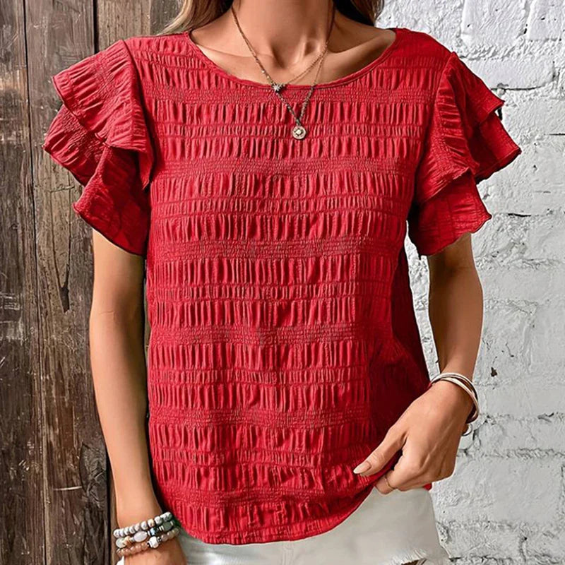 Blouses- Women Textured Stripe Ruffle-Sleeve Blouse for Any Occasion- - Pekosa Women Fashion