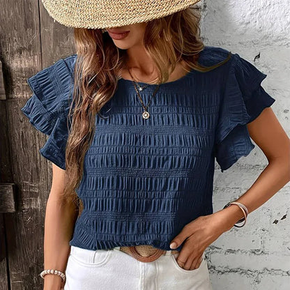 Blouses- Women Textured Stripe Ruffle-Sleeve Blouse for Any Occasion- Navy blue- Pekosa Women Fashion